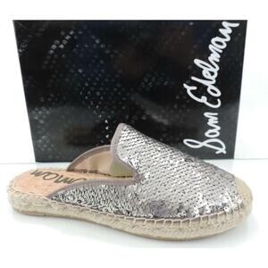 Sam Edelman Kerry Slip On Espadrille Slide Mule Flats Pewter Sequins Size 8